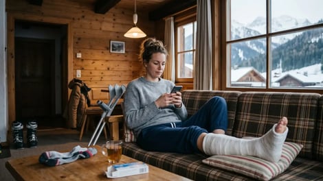 Vrouw met been in het gips zit op de bank in een chalet tijdens haar wintersport
