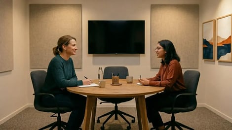 Manager voert een welzijnsgesprek met een medewerker in een rustige vergaderruimte