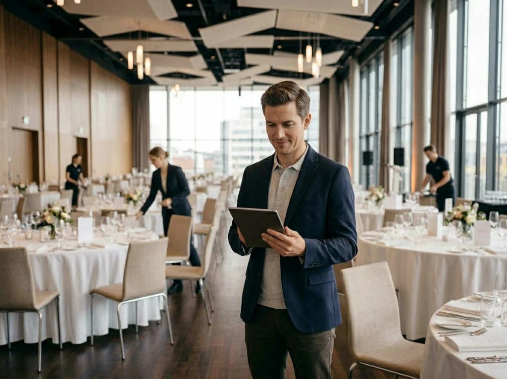Eventmanager die het indekken van een zaal voor een congres/diner overziet
