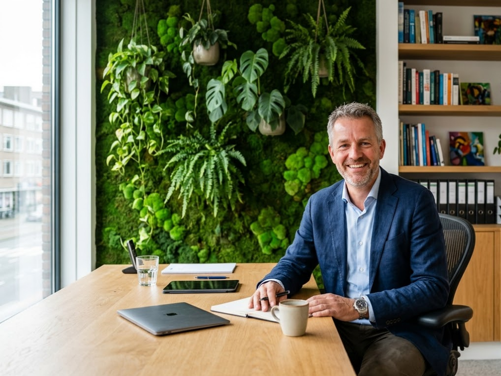 Man in pak zit aan een bureau met pen en notitieboek voor zich.