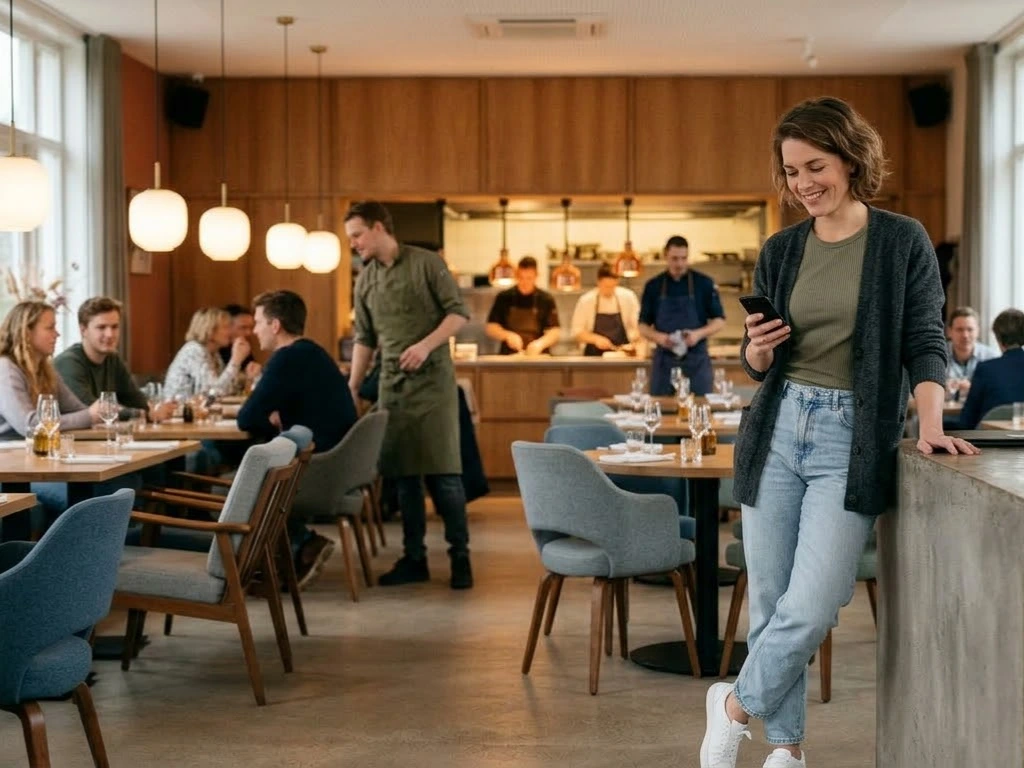 Horeca ondernemer die tegen een bar geleund staat