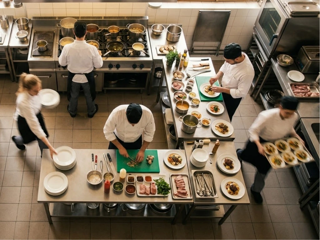 Een horeca grootkeuken in tijdelijke opstelling waar borden opgemaakt worden en uitgeserveerd