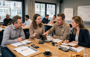 4 personen die in overleg zijn tijdens een training terwijl ze aan één tafel zitten