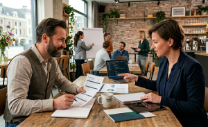 Een man en een vrouw zitten samen aan tafel en kijken naar trainingsmaterialen.